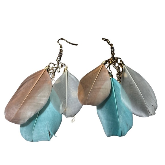 Boho Feather Dangle Earrings Multicolor Pastel with Gold Chains & Discs 5” Long - Picture 2 of 3